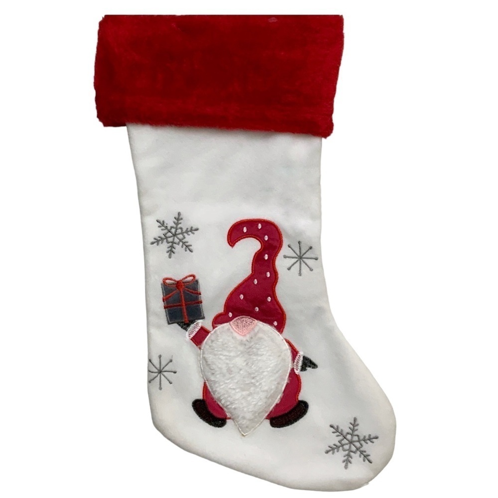 Christmas Stocking Santa Gnome Embroidery Embellishments 17 inches White Red